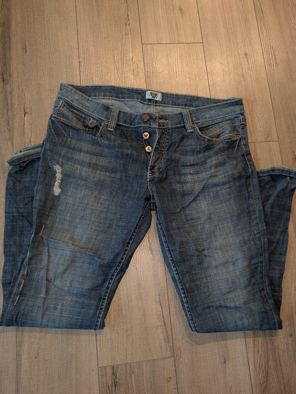 Antik Denim Blue Distressed Button-Fly Jeans